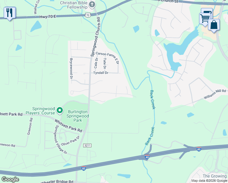 map of restaurants, bars, coffee shops, grocery stores, and more near 1325 Crystal Skye Court in Burlington