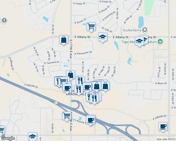 map of restaurants, bars, coffee shops, grocery stores, and more near 1812 12th Street East in Broken Arrow
