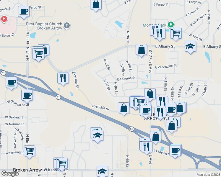 map of restaurants, bars, coffee shops, grocery stores, and more near 1813 North 1st Street in Broken Arrow