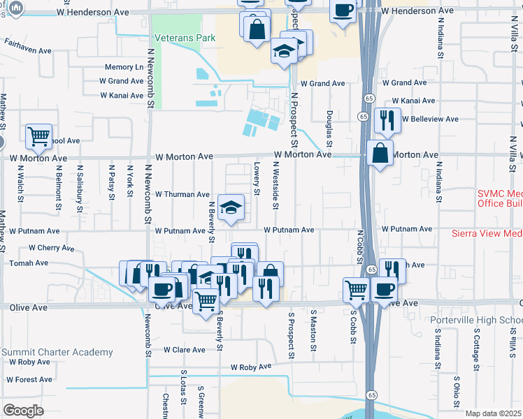 map of restaurants, bars, coffee shops, grocery stores, and more near 258 Lowery Street in Porterville