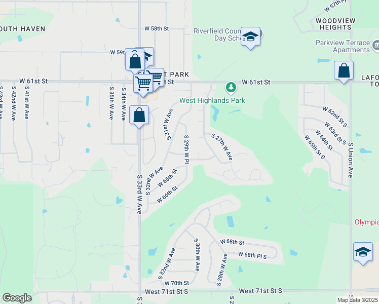 map of restaurants, bars, coffee shops, grocery stores, and more near 6377 South 29th West Place in Tulsa