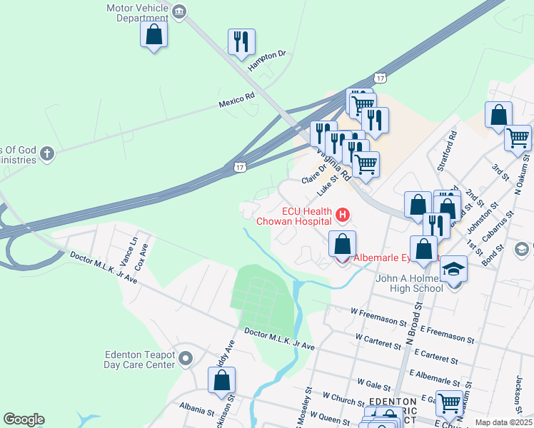 map of restaurants, bars, coffee shops, grocery stores, and more near 156 Claire Drive in Edenton