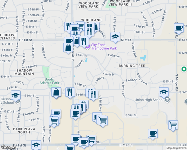 map of restaurants, bars, coffee shops, grocery stores, and more near 6377 South 85th East Avenue in Tulsa
