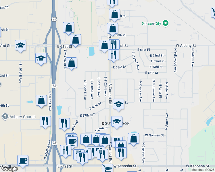 map of restaurants, bars, coffee shops, grocery stores, and more near 6421 South 112th East Avenue in Tulsa