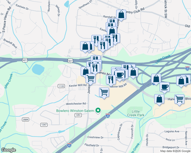 map of restaurants, bars, coffee shops, grocery stores, and more near 625 Jonestown Road in Winston-Salem