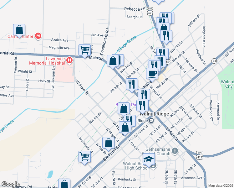 map of restaurants, bars, coffee shops, grocery stores, and more near 501 West Elm Street in Walnut Ridge