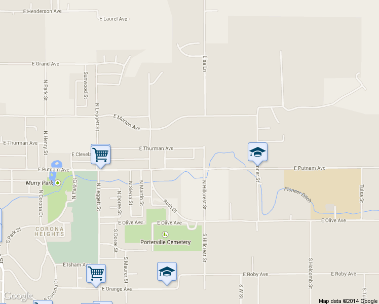 map of restaurants, bars, coffee shops, grocery stores, and more near 1151 East Thurman Avenue in Porterville