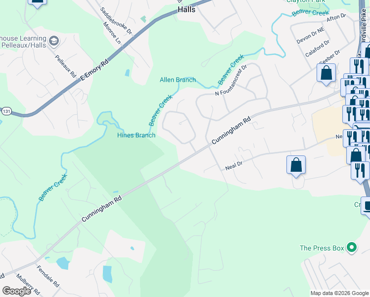map of restaurants, bars, coffee shops, grocery stores, and more near 7105 West Chermont Circle in Knoxville