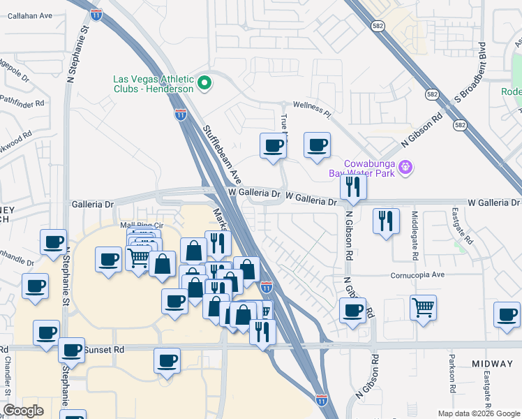 map of restaurants, bars, coffee shops, grocery stores, and more near 1066 Valley Light Avenue in Henderson