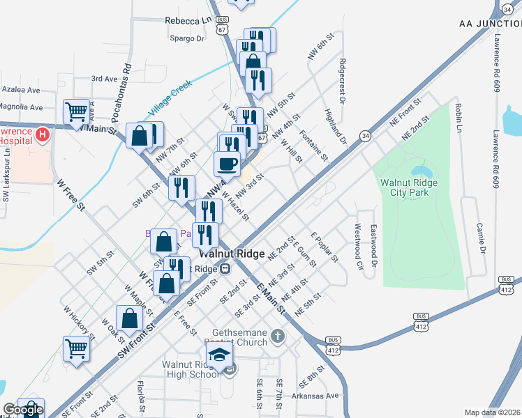 map of restaurants, bars, coffee shops, grocery stores, and more near 322 NW 2nd St in Walnut Ridge