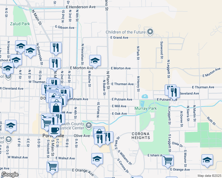 map of restaurants, bars, coffee shops, grocery stores, and more near 279 North Plano Street in Porterville