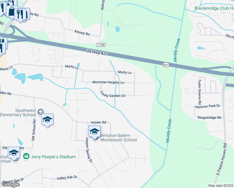 map of restaurants, bars, coffee shops, grocery stores, and more near 1545 Trinity Garden Circle in Clemmons