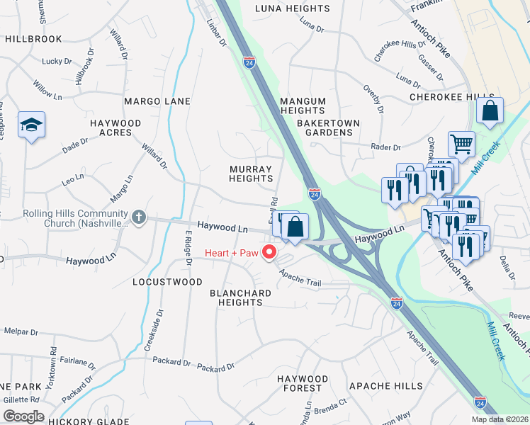 map of restaurants, bars, coffee shops, grocery stores, and more near 201 Willard Drive in Nashville