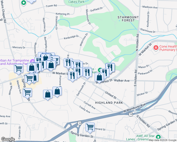 map of restaurants, bars, coffee shops, grocery stores, and more near 105 Revere Drive in Greensboro