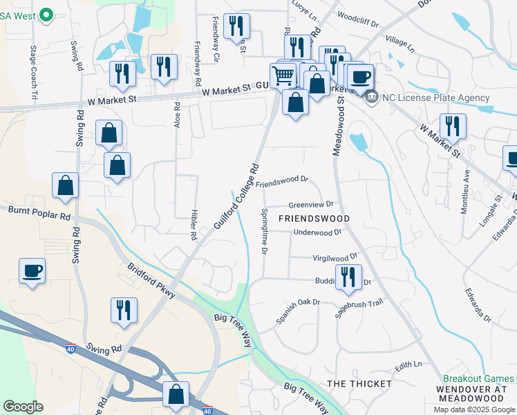 map of restaurants, bars, coffee shops, grocery stores, and more near 306 Springtime Drive in Greensboro