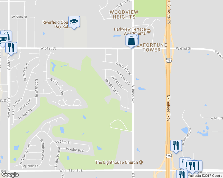 map of restaurants, bars, coffee shops, grocery stores, and more near 1936 West 65th Street South in Tulsa