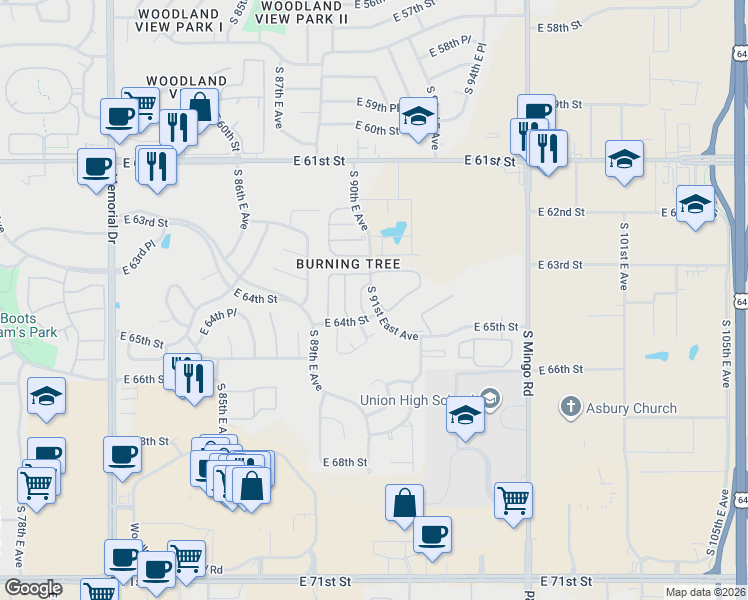map of restaurants, bars, coffee shops, grocery stores, and more near 12099 East 63rd Street in Tulsa