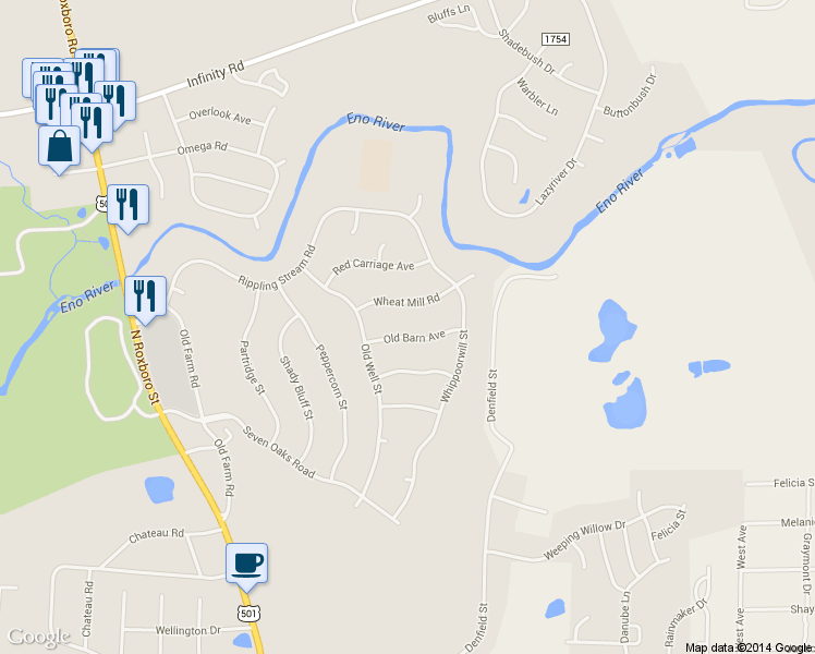 map of restaurants, bars, coffee shops, grocery stores, and more near 619 Old Barn Avenue in Durham