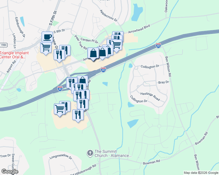 map of restaurants, bars, coffee shops, grocery stores, and more near 4014 Forest Oaks Lane in Mebane