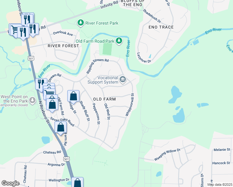map of restaurants, bars, coffee shops, grocery stores, and more near 619 Old Barn Avenue in Durham