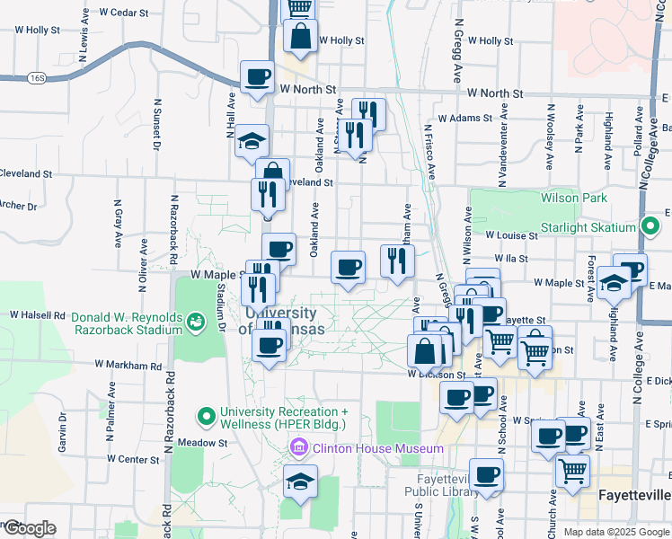 map of restaurants, bars, coffee shops, grocery stores, and more near 520 North Storer Avenue in Fayetteville