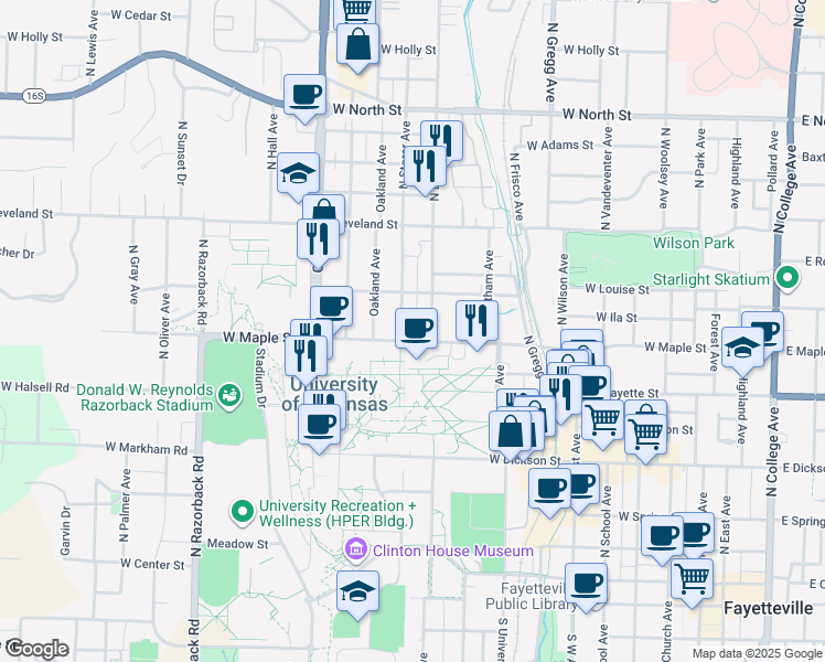 map of restaurants, bars, coffee shops, grocery stores, and more near 814 West Maple Street in Fayetteville