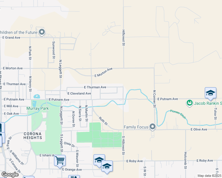 map of restaurants, bars, coffee shops, grocery stores, and more near 1151 East Thurman Avenue in Porterville