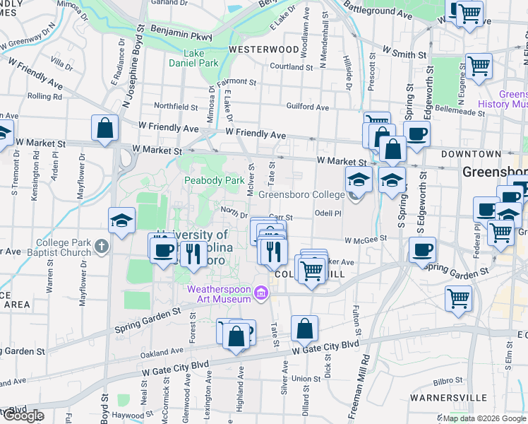 map of restaurants, bars, coffee shops, grocery stores, and more near 218 State Street in Greensboro