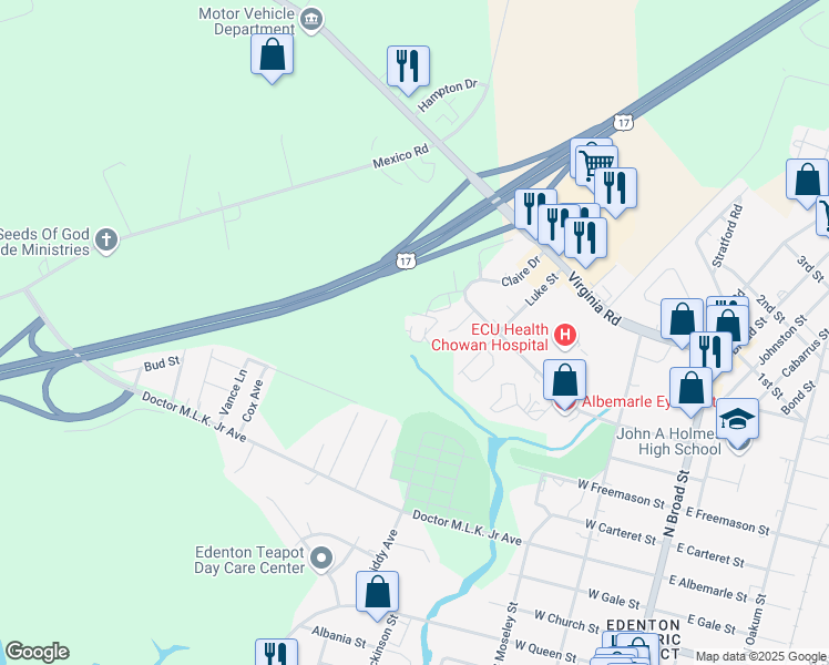 map of restaurants, bars, coffee shops, grocery stores, and more near 323 Medical Arts Drive in Edenton