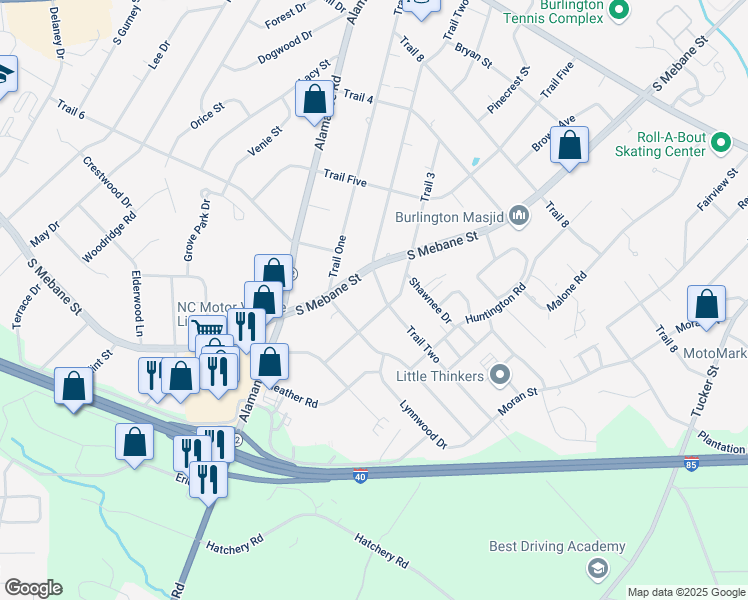 map of restaurants, bars, coffee shops, grocery stores, and more near 508 Trail Two in Burlington
