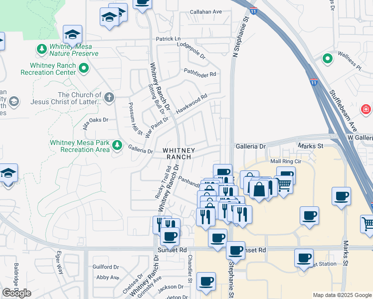 map of restaurants, bars, coffee shops, grocery stores, and more near 1493 Powder Horn Drive in Henderson