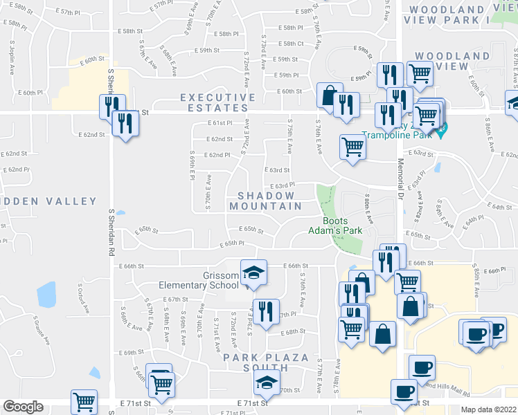 map of restaurants, bars, coffee shops, grocery stores, and more near 6412 S 73rd E Ave in Tulsa