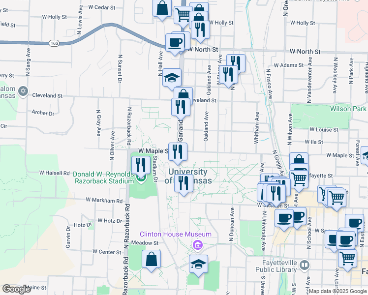 map of restaurants, bars, coffee shops, grocery stores, and more near 1030 West Maple Street in Fayetteville