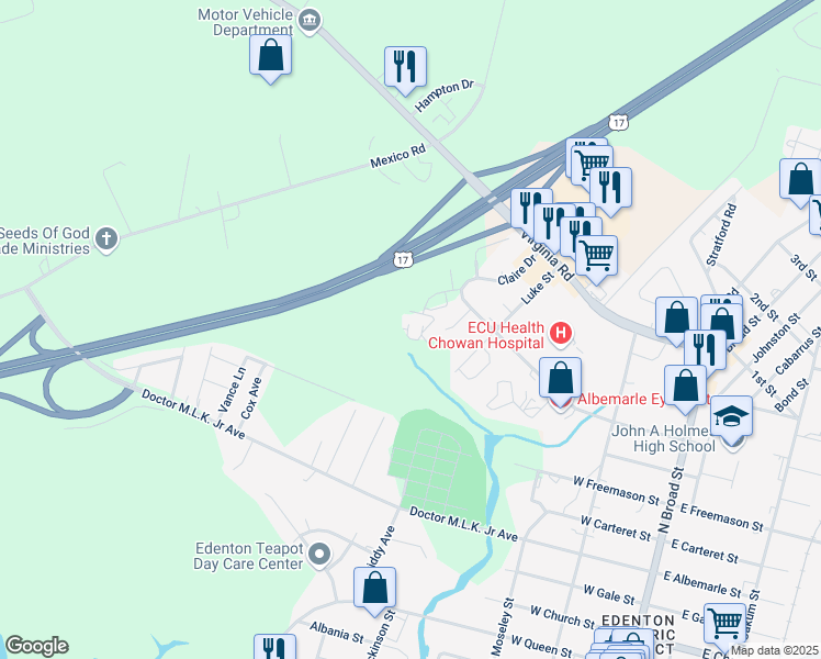 map of restaurants, bars, coffee shops, grocery stores, and more near 323 Medical Arts Drive in Edenton
