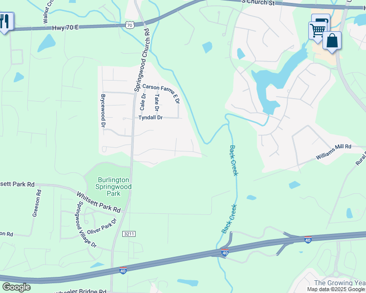 map of restaurants, bars, coffee shops, grocery stores, and more near 7410 Ethans Way in Burlington
