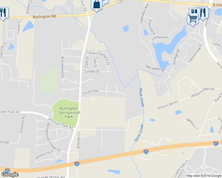 map of restaurants, bars, coffee shops, grocery stores, and more near 7410 Ethans Way in Burlington