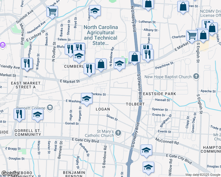 map of restaurants, bars, coffee shops, grocery stores, and more near 405 South Benbow Road in Greensboro