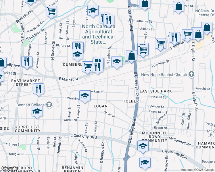 map of restaurants, bars, coffee shops, grocery stores, and more near 405 South Benbow Road in Greensboro