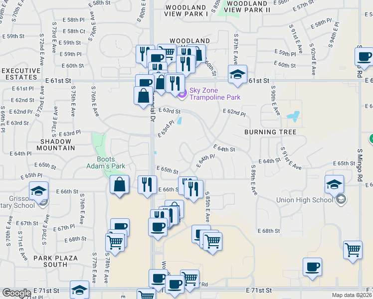 map of restaurants, bars, coffee shops, grocery stores, and more near 6377 South 85th East Avenue in Tulsa