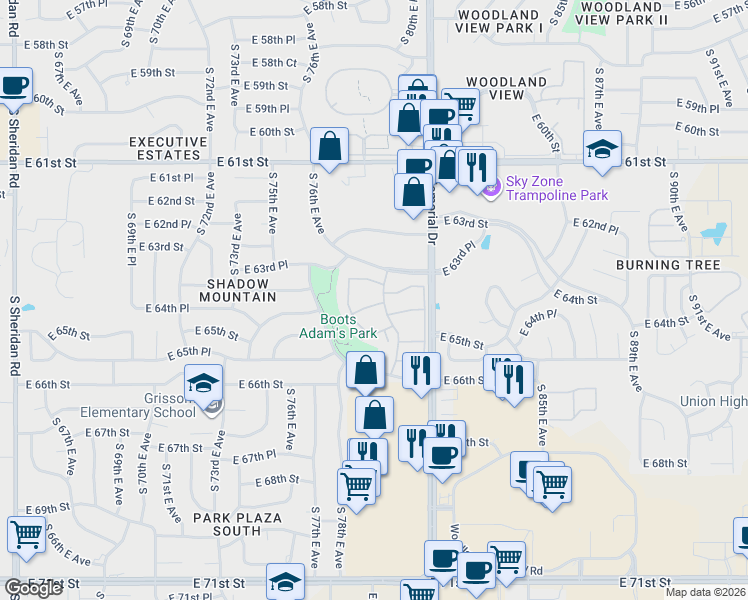 map of restaurants, bars, coffee shops, grocery stores, and more near 6360 South 80th East Avenue in Tulsa