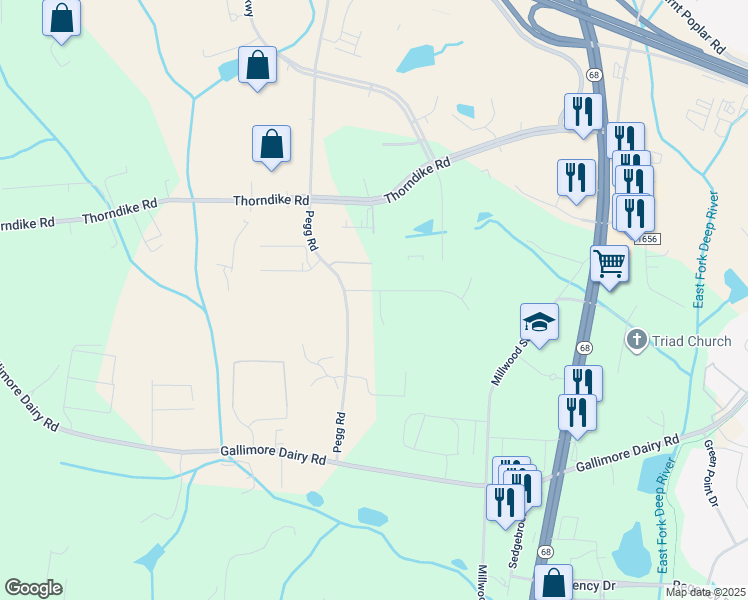 map of restaurants, bars, coffee shops, grocery stores, and more near 603 Orourke Drive in Greensboro