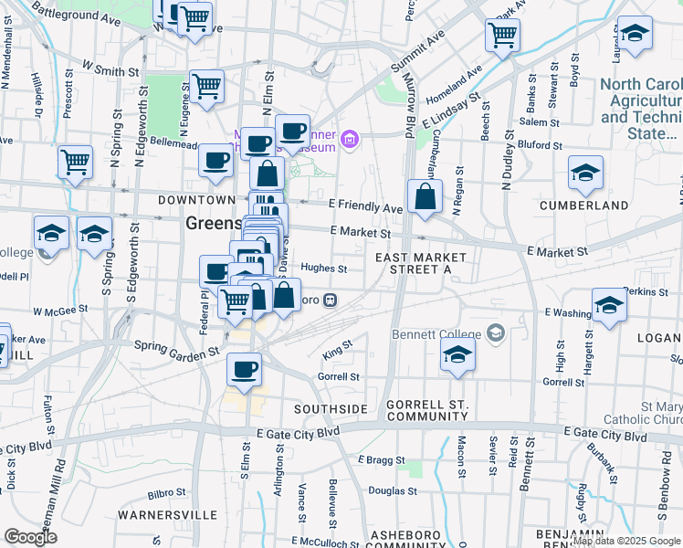 map of restaurants, bars, coffee shops, grocery stores, and more near 304 Hughes Street in Greensboro