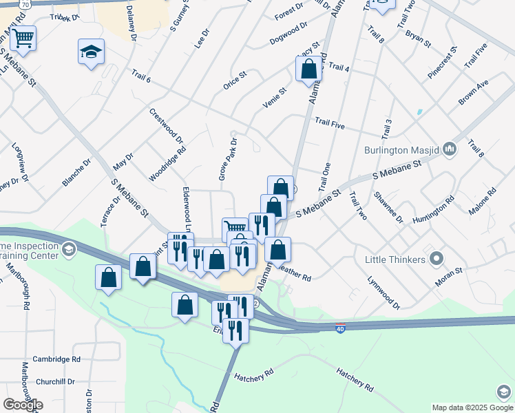 map of restaurants, bars, coffee shops, grocery stores, and more near 2680 South Mebane Street in Burlington