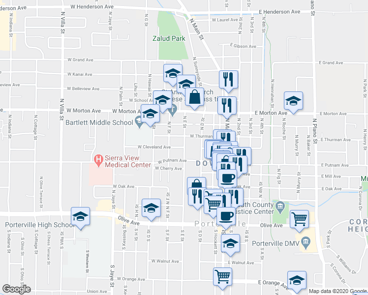 map of restaurants, bars, coffee shops, grocery stores, and more near 151 West Cleveland Avenue in Porterville