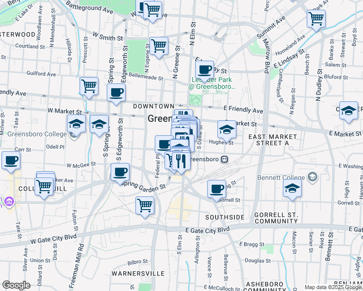 map of restaurants, bars, coffee shops, grocery stores, and more near 100 West Washington Street in Greensboro