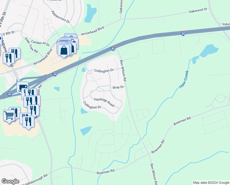 map of restaurants, bars, coffee shops, grocery stores, and more near 910 Collington Drive in Mebane