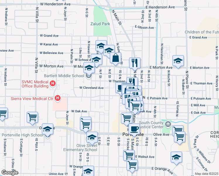 map of restaurants, bars, coffee shops, grocery stores, and more near 272 North E Street in Porterville