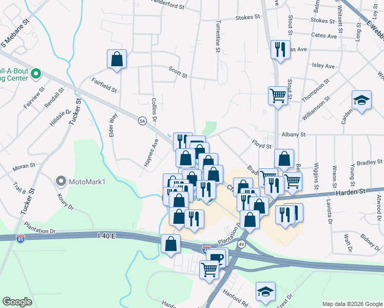 map of restaurants, bars, coffee shops, grocery stores, and more near 909-1029 Chapel Hill Road in Burlington
