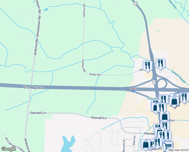 map of restaurants, bars, coffee shops, grocery stores, and more near 625 Radio Road in Dyersburg