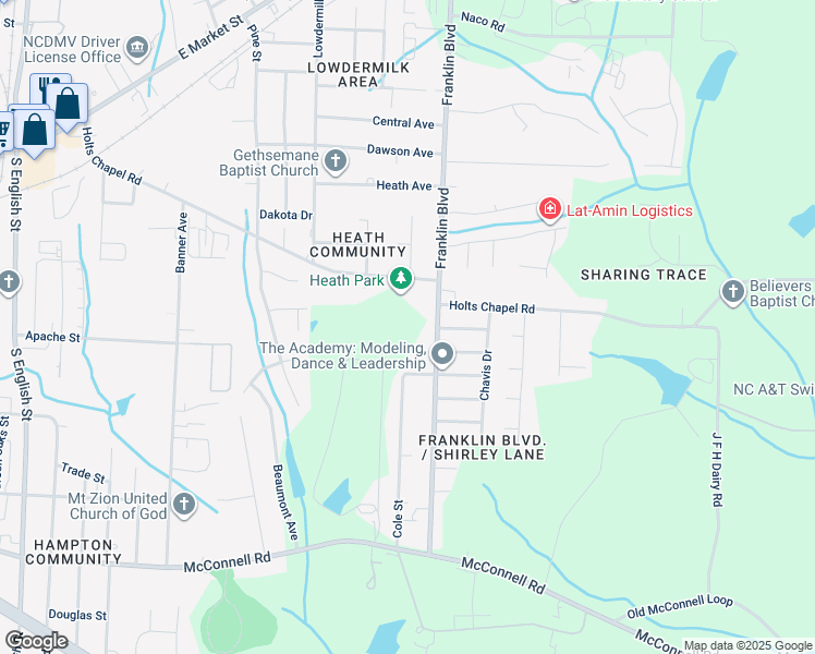 map of restaurants, bars, coffee shops, grocery stores, and more near 610 Franklin Boulevard in Greensboro